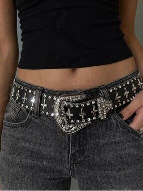 Western Rhinestone Cross Belt Black Bling Studded Buckle Y2K Goth Cowgirl SM